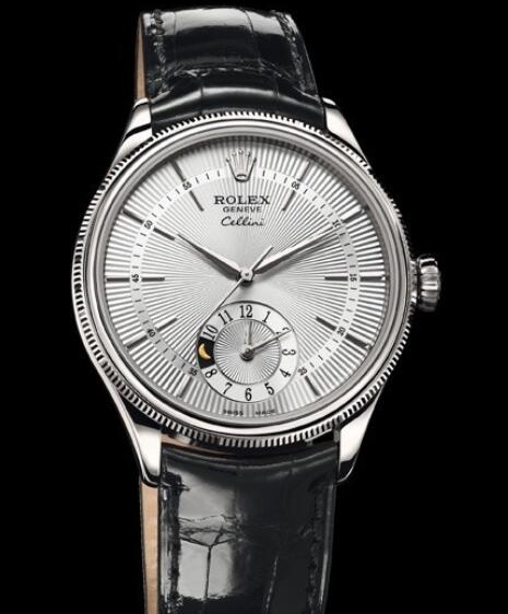 Rolex Cellini Watch Replica Cellini Dual Time 50529 White Gold - Silver Dial - Alligator Strap